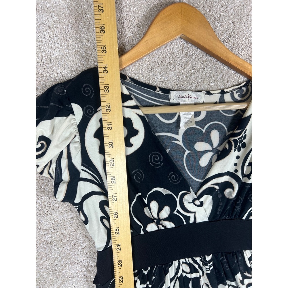 Y2K Black White Floral Dress Short Sleeve V Neck S BOHO Fit & Flare Retro - Picture 5 of 10